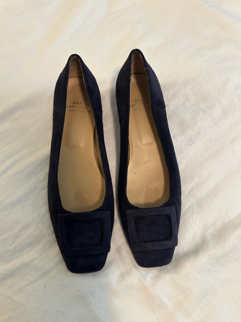 ANN MASHBURN Navy Suede Square-Toe Flats with Buckle Accent - Picture 5 of 8